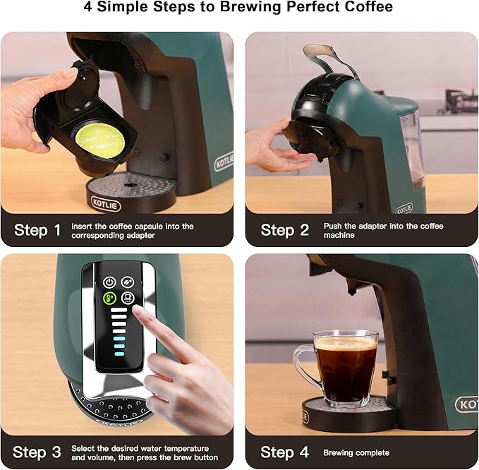 KOTLIE EM-308B Espresso Machine, Single Serve Coffee Maker Compatible with Multiple Capsule Types, Ground Coffee, and ESE Pods, 3 Temperatures, 7 Water Volume Levels, 34 Oz（Green）