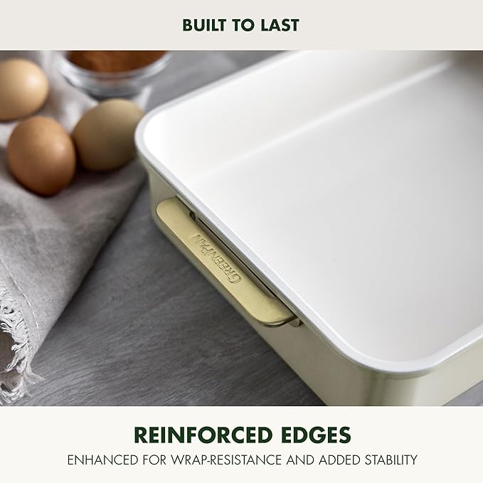 GreenPan Bakeware 13” x 9” Rectangular Cake Pan, Ceramic Nonstick Baking Pan, PFAS & BPA Free, Gold Handles, Durable Steel, Freezer to Oven Dish, Scratch Resistant, Bake & Roast Ovenware, Cream