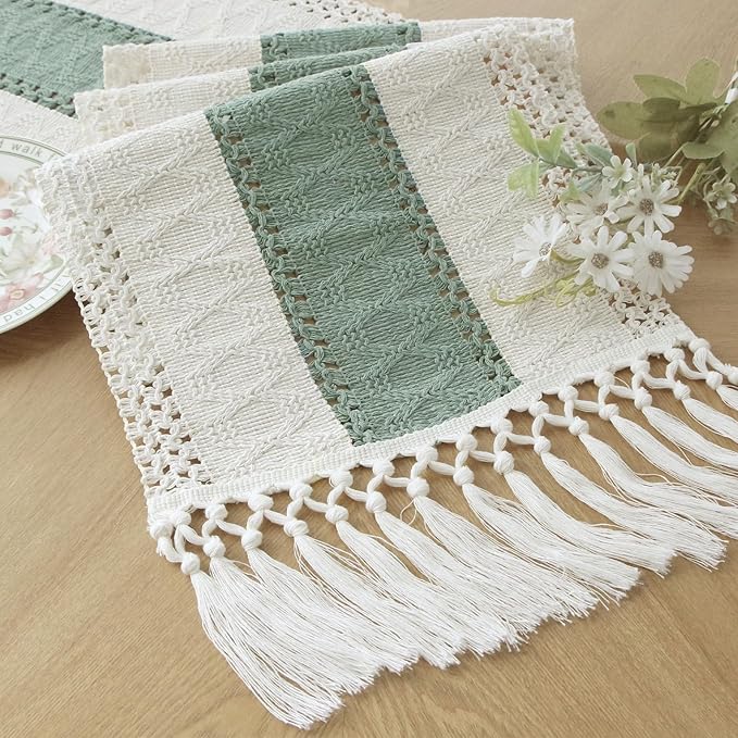 FEXIA Sage Green Table Runner 90 Inches Long with Tassels Boho Macrame Farmhouse Table Runners for Home Decor Party Bohemian Rustic Bridal Shower Dining Decor (12x90 Inches)