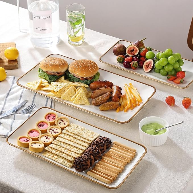 Ceramic Rectangle Serving Platter with Brown Rim: 15.6/14.1/12.6 Inch Large Serving Dishes for Entertaining Party, Sushi, Turkey, Cheese, Snack and Dessert, Microwave Dishwasher Safe
