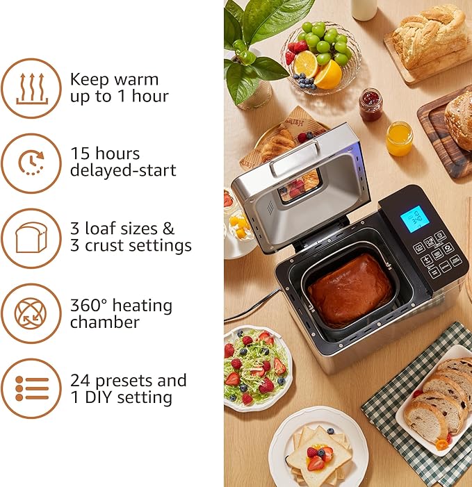 Elite Gourmet Programmable 2-Lb Bread Maker, PFAS Free Ceramic Ceralast™ Pan, Touch Screen Control Panel, 19 Functions, Gluten Free, White, Wheat, Rye & More, 3 Loaf Sizes, Stainless Steel