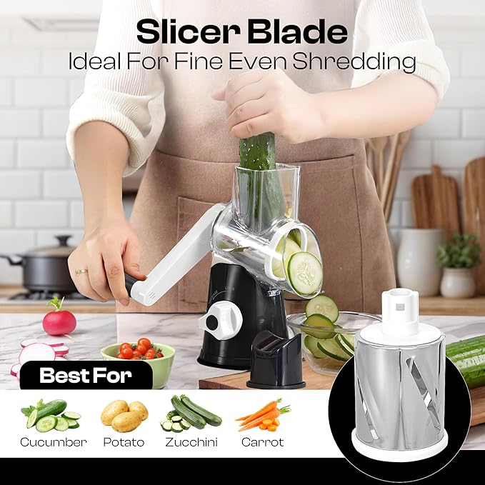 Rotary Cheese Grater Hand Crank - Cheese Shredder Hand Crank with Handle, Vegetable Shredder with 3 Stainless Steel Blades & Strong Suction Base – Round Slicer & Food Chopper for Kitchen