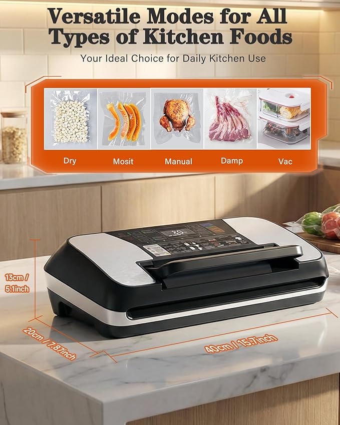 95kPa Food Vacuum Sealer Machine, Powerful 230W Vacuum Pack System with Double Heat Seal for Moist & Dry Food, 12-in-1 Automatic Sealer Includes Built-in Cutter, Hose for Jars & Wine, 1 Roll + 10 Bags
