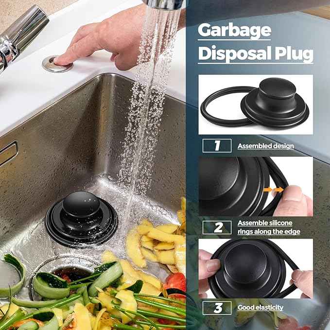 Mudder 3 Pcs Kitchen Sink Drain Strainer and Stopper Stainless Steel Garbage Disposal Plug with Handle Universal Anti-Clogging Kitchen Sink Filter Sieve Basket Strainer(Black)