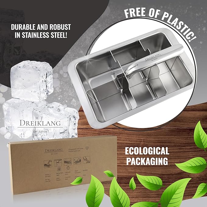 18/8 Stainless Steel XXL Ice Cube Tray with Lever Insert for Easy Release | Polished, Food-Safe & Durable | Perfect for Whiskey & Long Drinks | Alternative to Ice Stones
