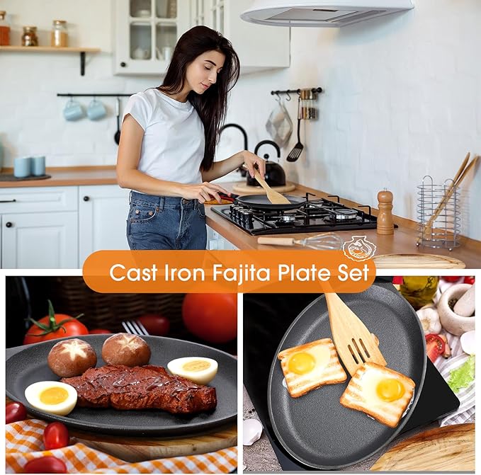 Lallisa 1 Set Cast Iron Fajita Plate Set Fajita Plate Pan with Wooden Tray Anti Scald Protection Hot Mitt Cast Iron Skillet Set for Home Barbecue Kitchen Party Restaurant Catering Service
