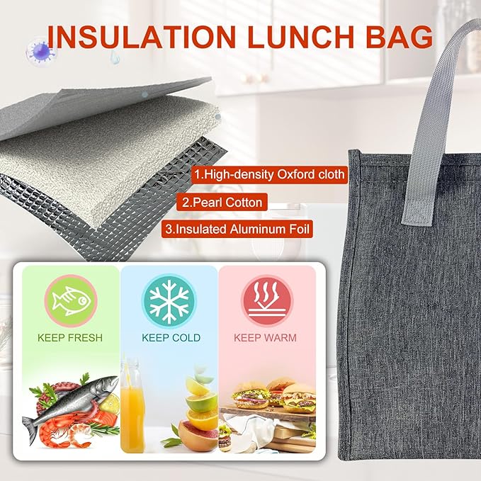 Mziart Minimalist Lunch Bag, Reusable Insulated Bag for Women Men Box Container Leakproof Simple Bento Tote Adults Cooler Work Office Picnic or Travel (Grey) M23HK-LB-005-JJ