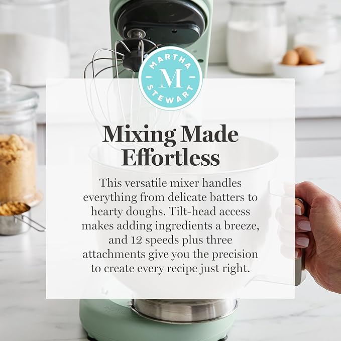 Martha Stewart  Tilt-Head Stand Mixer, 12 Speed, 5.3QT Stainless Steel Bowl, Splash Guard with Pour Chute, Whisk, Dough Hook, Flat Beater, Electric Kitchen Baking Mixer, Bread, Cake, Whip, Honeydew