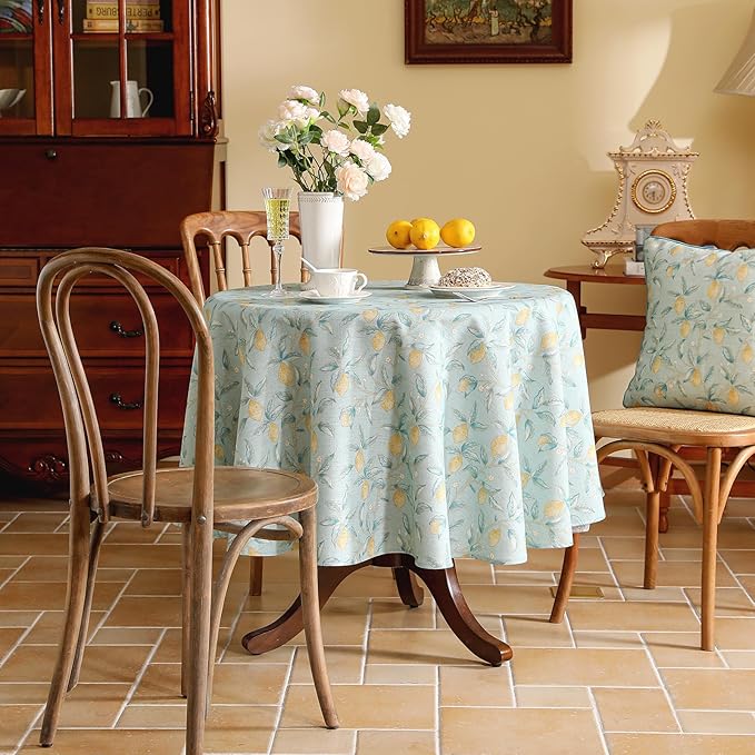 patdrea Designer Linen Vintage Green Tablecloth for Round Table,Durable Fruits Pattern Yellow Tablecloths,Fall Decor Table Cover for Kitchen Dining Christmas,Thanksgiving,Diameter 55"-Ania a