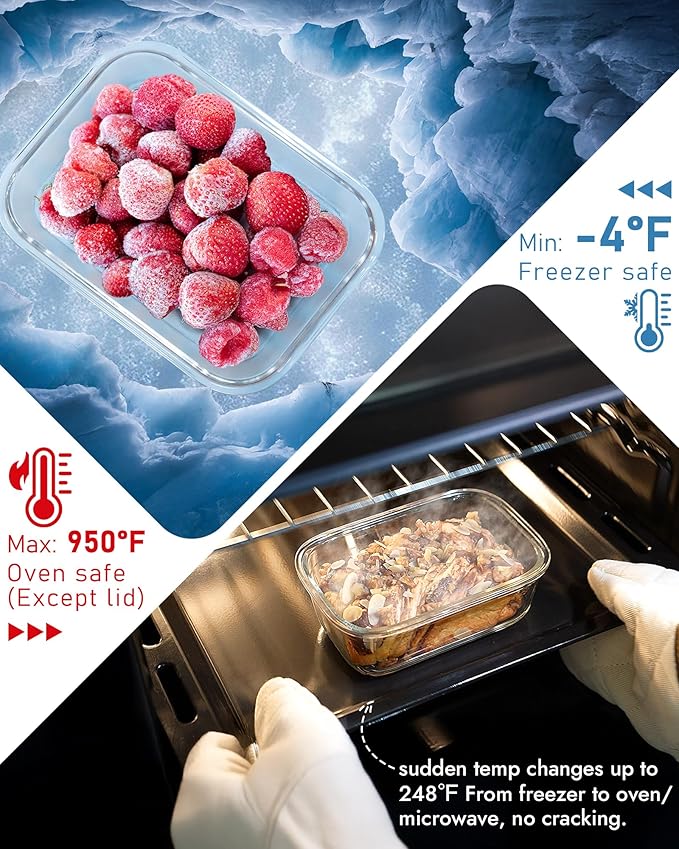 12-Pack Glass Containers with Tempered Lids – Borosilicate, Oven-Safe(-4°F~950°F), Airtight, BPA-Free, Multi-Size for Meal Prep, Dishwasher Safe (Pink)