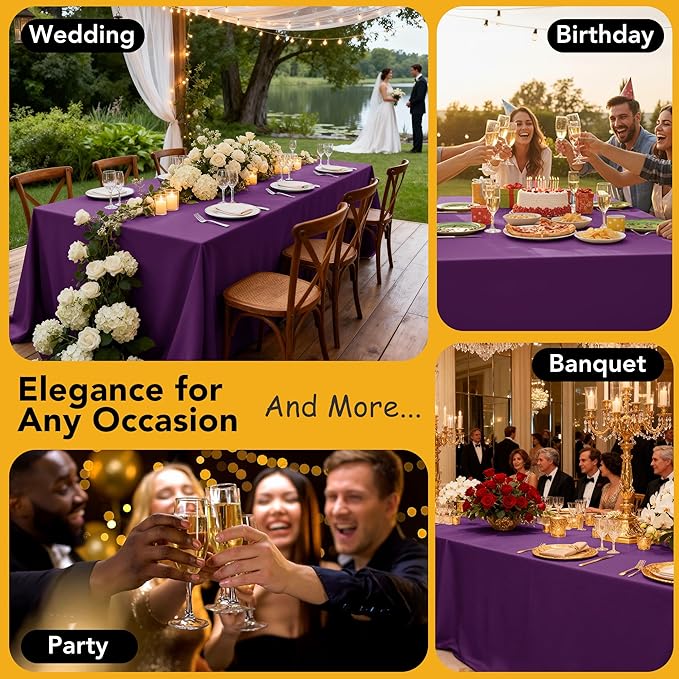 10-Pack Purple Tablecloths for Rectangle Tables, 70 x 108 Inches, Stain-Resistant Polyester Fabric for 6 Foot Tables - Washable Table Covers for Weddings, Banquets, Birthday Parties, Events