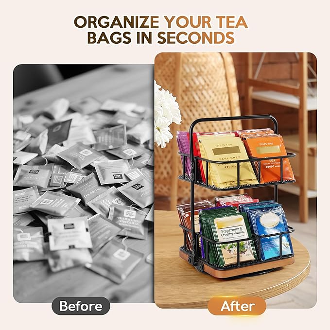 Rotating Tea Bag Organizer – 2 Tier 8 Basket 360° Spinning Teabag Holder Organizer, Acacia Wood Iron Countertop Tea Accessories Rack Holds 100+ Tea Bags, Decorative Kitchen, Coffee Bar Organizer Gift