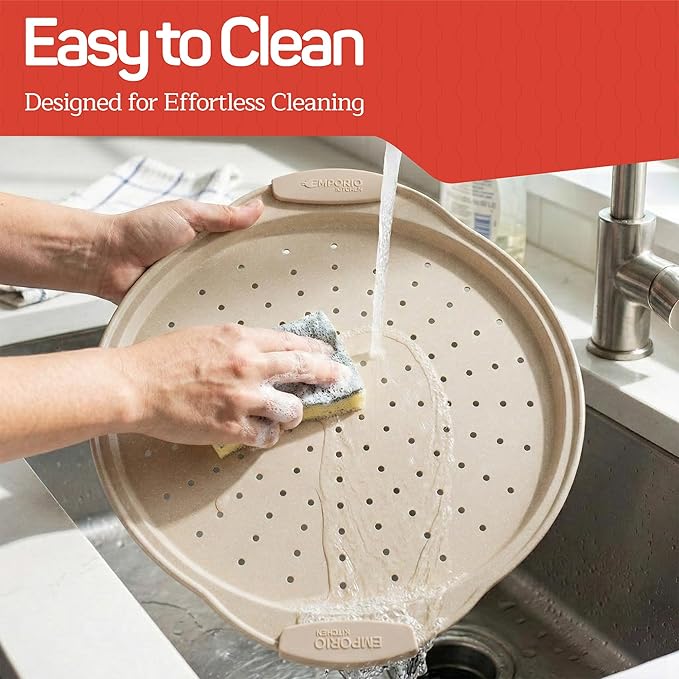 Non-Stick Pizza Pan with Silicone Handle 1 Pack, 13 Inch Round Carbon Steel Tray with Perforated Holes, Dishwasher & Oven Safe Up To 450°F, PFOAPFOSPTFE Free, Durable Nonstick White Marble Coating