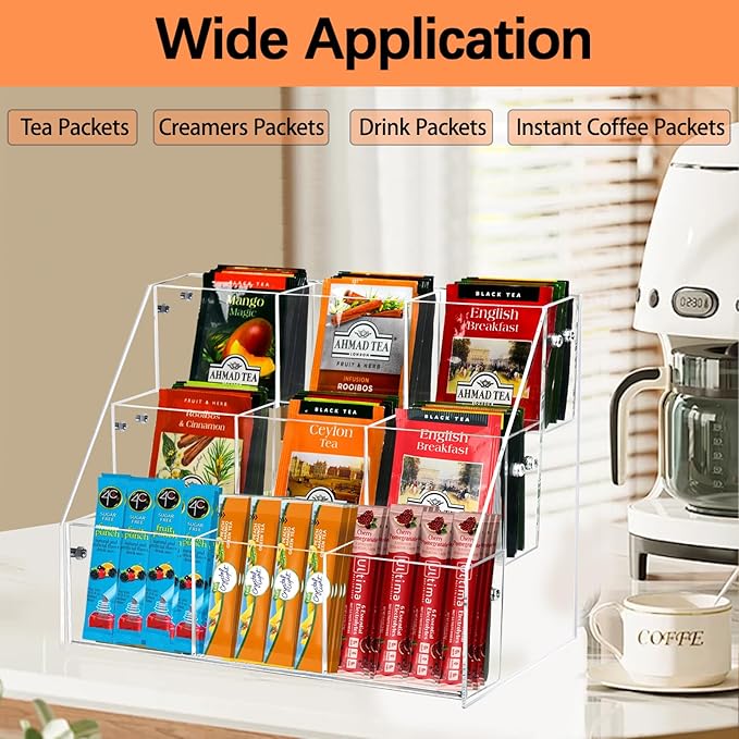 Tea Bag Organizer Holder, Acrylic Tea Packets Storage Box Container Display Stand Rack for Counter Cabinet Countertop Kitchen Office, 3 Tier