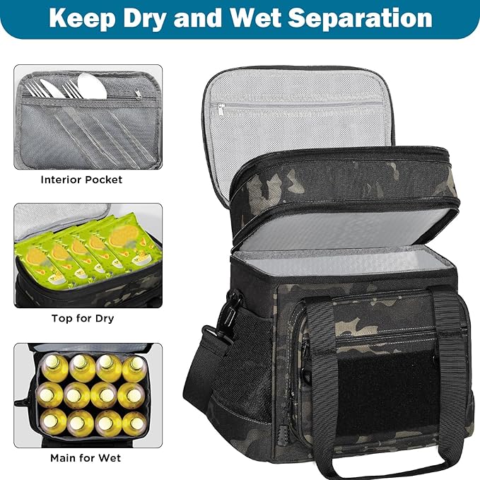 GLENKEY Tactical Lunch Box Cooler Bag - Expandable Insulated Lunch Bag for Men Women - Large Lunchbox for Adults Work Shifts Outdoor Trips Black Camo 16L
