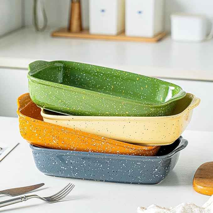 Ceramic Baking Dish Set of 3, Casserole for Oven,Rectangular Bakeware Dishes with Handles,Lasagna Pan Deep,Handcraft Speckle Stoneware Series (13.8''/12''/9.6''Orange)