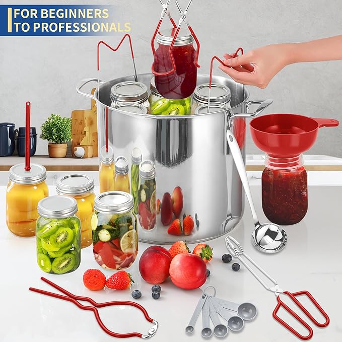 Canning Supplies Starter Kit,Canning Kit for Beginners of 9 with Jar Lifter，Wide Mouth Funnel,Wrench,Tongs,Lid Lifter,Bubble Popper,Canning Labels,ladle,Measuring spoon-Red