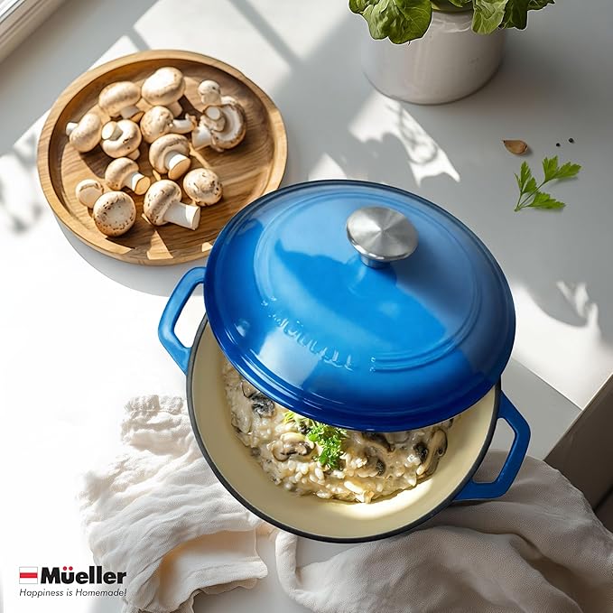 Mueller 6qt Enameled Cast Iron Dutch Oven, Heavy-Duty Casserole and Braiser Pan with Lid and Knob, Oven-Safe up to 500° F & Across All Cooktops, Aqua Blue