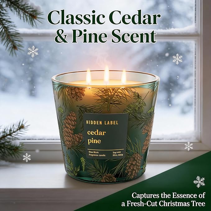 Cedar Pine Scented Candle, 30oz Natural Soy Wax, 3 Wick Large Winter Forest Candle for Home, 100+ Hours Clean Burn, Fresh Cut Christmas Tree Aroma for Holiday Decor, Stress Relief & Gifting