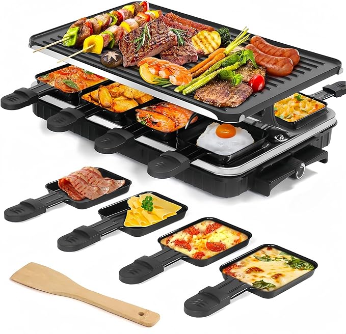 Raclette Grill, Raclette for 8 People, 1300W Electric Grill with 1 Reversible Non-stick Grill Pan & 8 Mini Raclette Cheese Pans & 1 Wooden Spatula, for Indoor Family Barbecue & Party
