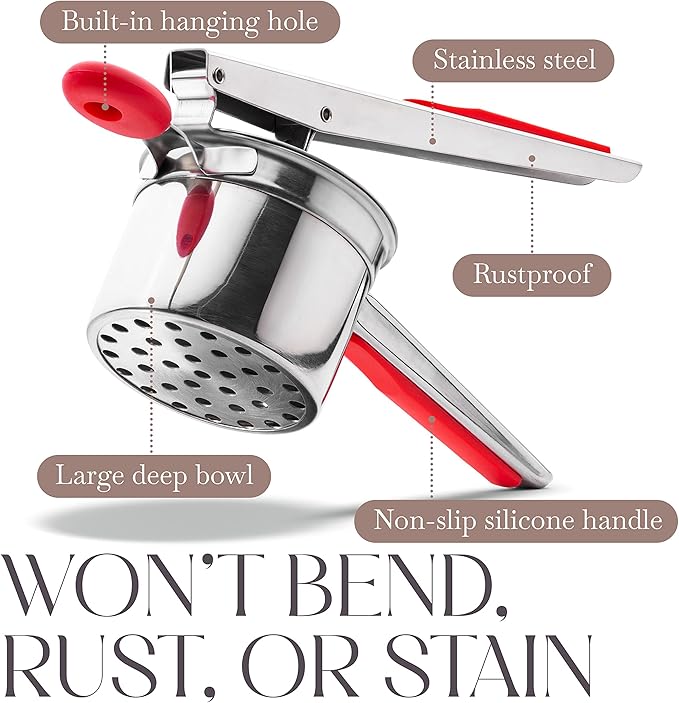 Bellemain 15 oz Large Potato Ricer | Heavy-Duty Stainless Steel Potato Ricer & Masher | Perfect for Mashed Potatoes | Kitchen Tool with 3 Interchangeable Discs