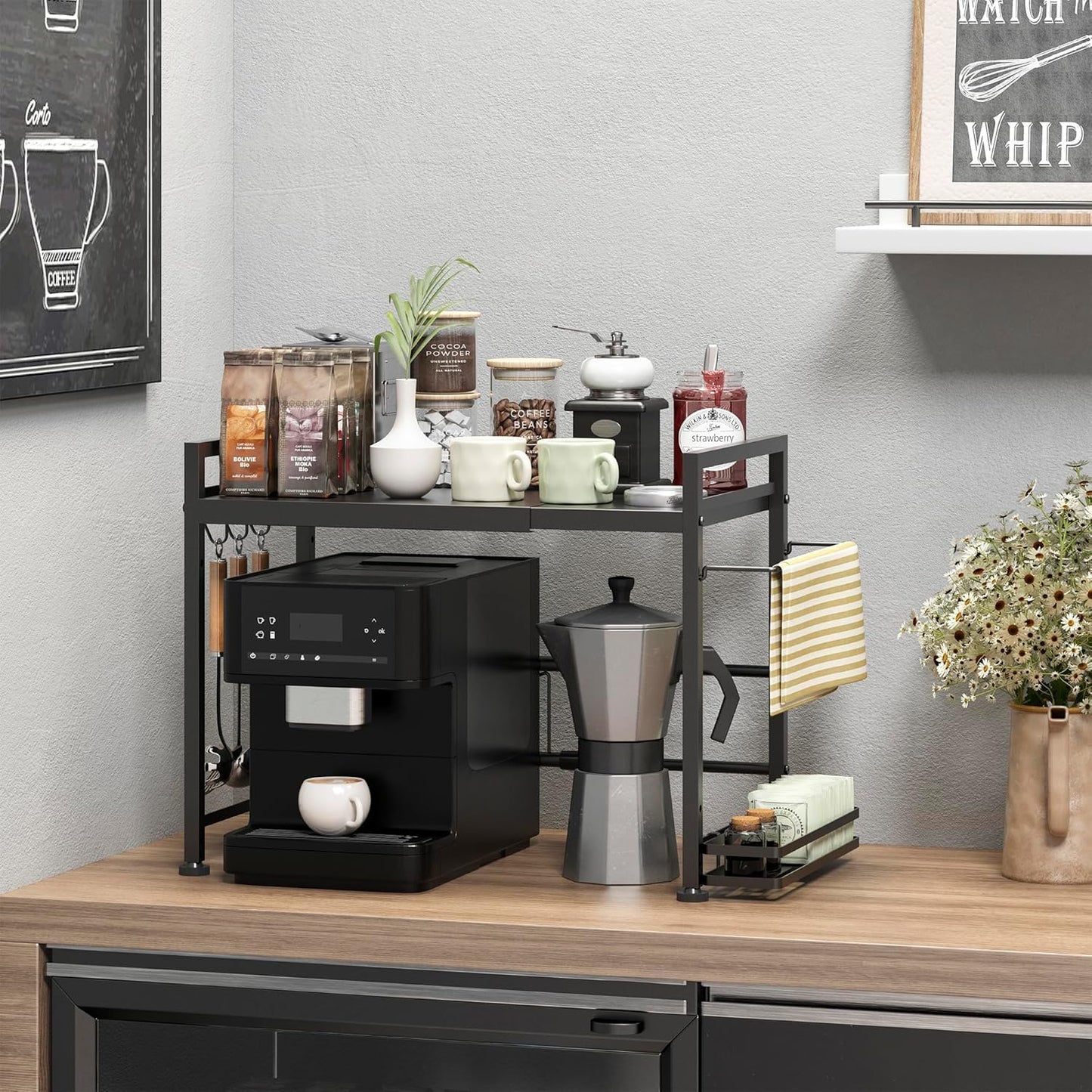 DOLALIKE Microwave Oven Rack, Expandable Microwave Stand Countertop Kitchen Utensils Tableware Storage, Carbon Steel Over Microwave Shelf Countertop with 6 Hooks