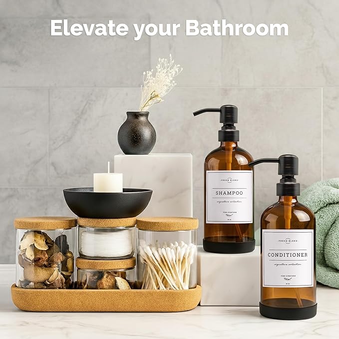 Vine Creations Amber Glass Soap Dispenser, 2 Pack Kitchen Soap Dispenser Set with Stainless Steel Pump, 16 oz Dish Soap and Hand Soap Dispensers for Bathroom with Waterproof Labels