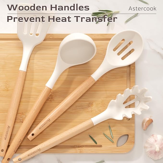 Astercook Kitchen Utensils set, 39 PCS Silicone Cooking Utensils Set with Wooden Handle, 446°F Heat Resistant Food Grade Utensil Sets, BPA Free Kitchen Gadgets Tools Set for Nonstick Cookware (Cream)