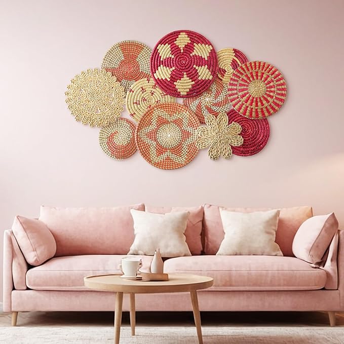 Tatuo 11 Pcs Boho Wall Basket Decor Bulrush Woven Wall Hanging Art Round Farmhouse Rustic Handmade Wicker for Summer Home, Bedroom, Living Room, Kitchen Decorations, Multi Sizes(Pink)