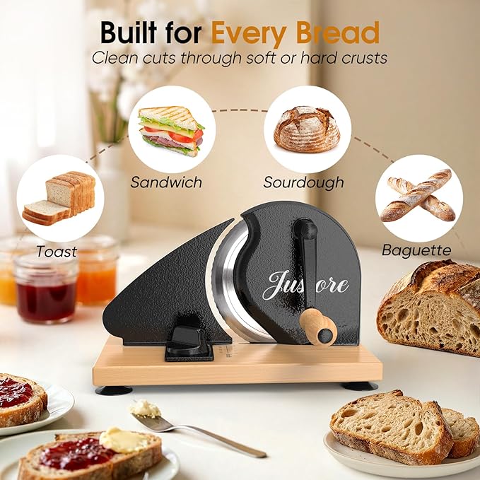 Manual Bread Slicer for Homemade Bread, Adjustable Thickness and Evenly Slicing, Sourdough Bread Slicer with Hand Crank, Clear Scale Line, Non-Slip Suction Base & Sharp Blade