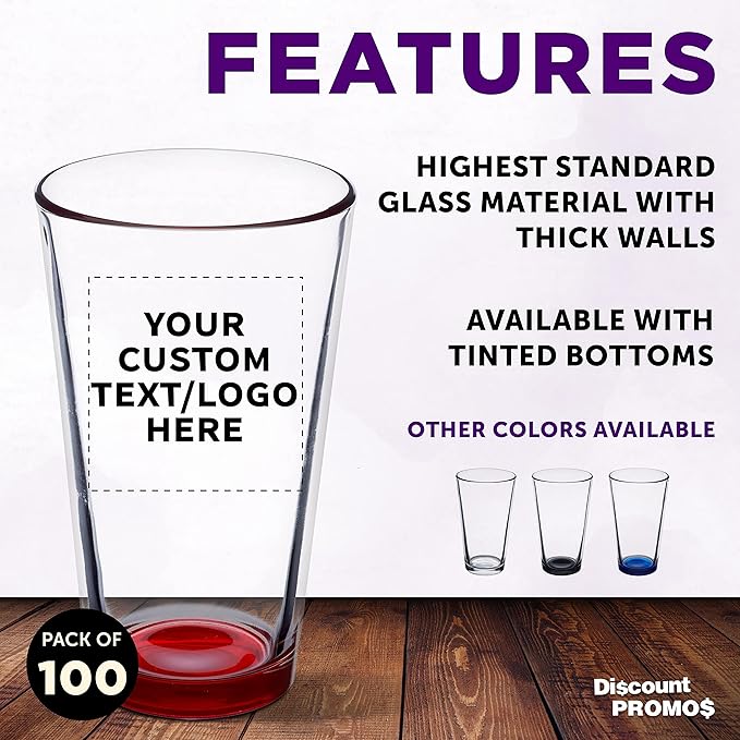 Custom Libbey Pint Glass 16 oz. Set of 100, Personalized Bulk Pack - Beer Glasses, Heavy Duty Drinkware - Red