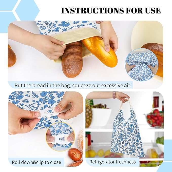1 PCS Beeswax Bread Bags - 17x13 Inch Reusable Bread Storage Bags,Bees Wax Lined Bread Bags for Home Cooks fresh bread storage Easy Clean (Blue Floral)