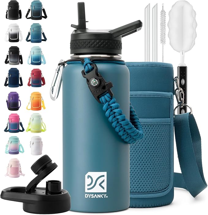 DYSANKY Insulated Water Bottle | Thickened Stainless Steel Vacuum Metal | Portable Sports Water Jug for Gym and Hiking with Straw, Carrier Bag, Handle Strap | BPA-Free 32 oz