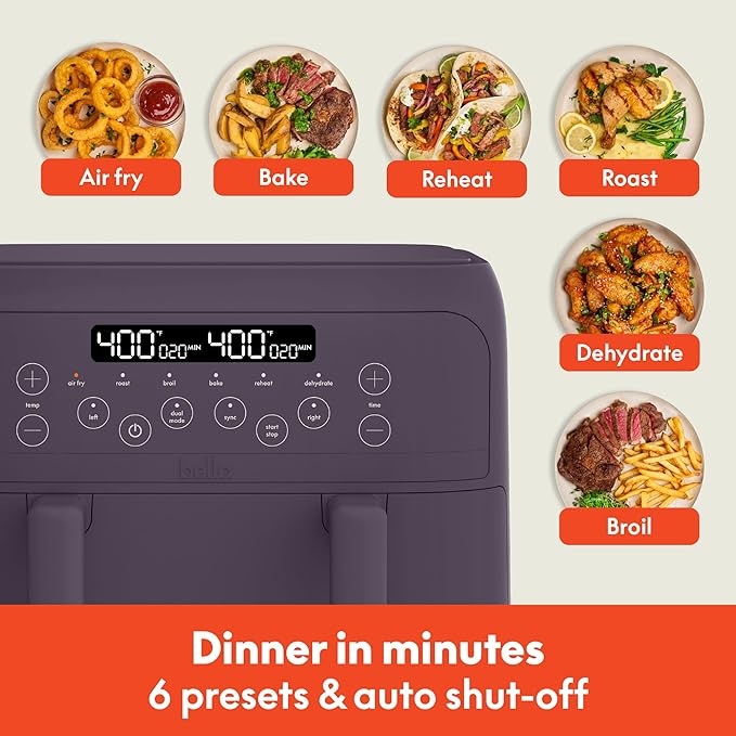 bella 4 Qt TriZone Air Fryer, EverGood™ Ceramic Nonstick Coating, Dual Basket Design w Removable Divider, Digital Touchscreen Control w 6 Preset Cooking Options, 1200 Watt, 3lb Capacity, Plum