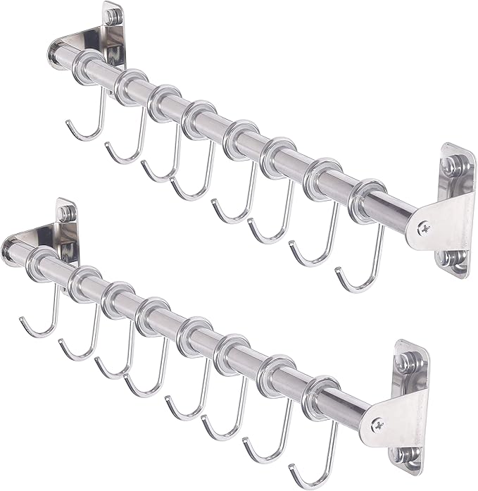 Dseap Kitchen Hooks for Hanging Utensils, Hanging Pot Rack, Kitchen Utensil Hanger Rail with 8 Hooks for Pots Pans, Spoons, Mugs, Wall Mounted, Stainless Steel, Chromed, Pack of 2
