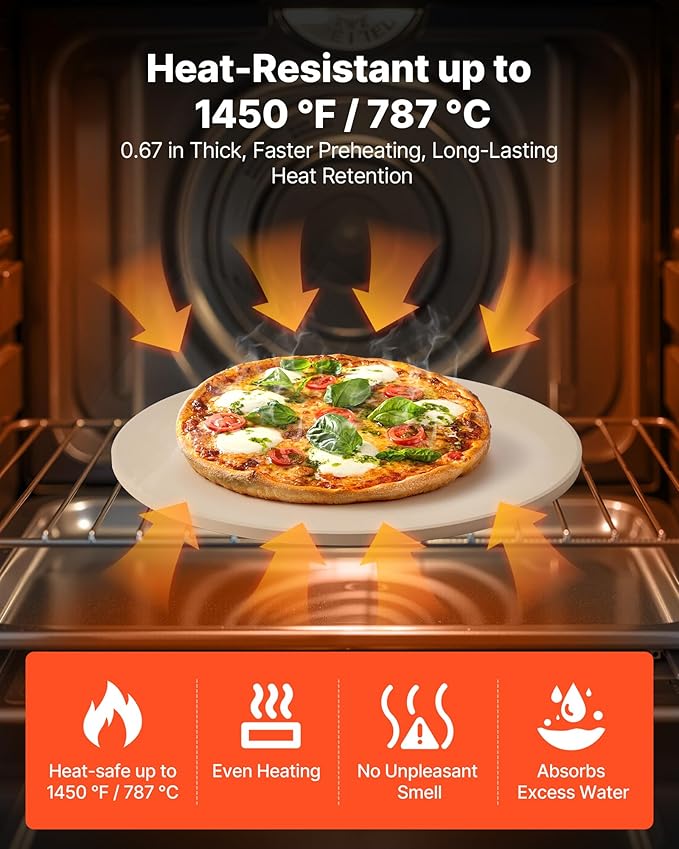 VEVOR Pizza Stone, 15 in Round Pizza Stone, 0.67 in Large Cordierite Baking-Stone with Metal Peel, Scrape, 1450℉ Heat-Resistant Cooking Stones, for Kitchen Oven, Baking Pizzas, BBQ Grill