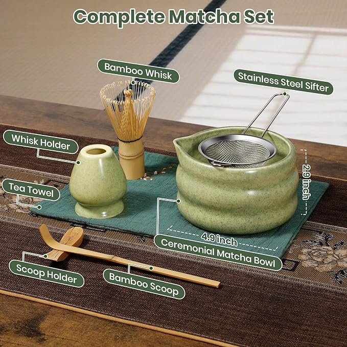 Matcha Whisk Set 7pcs, Japanese Macha Making Kit - 17oz Bowl with Spout, Bamboo Whisk, Chasen Holder, Scoop, Scoop Rest, Stainless Steel Sifter & Towel, Tea Gift Tools for Starter & Enthusiasts, Green