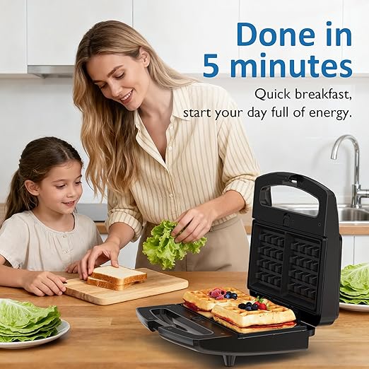Sandwich Maker Panini Press Grill, 3 in 1 Electric Waffle Maker with Removable Non-stick Plates, Glass Top, Cool Touch Handle & Easy to Clean, 800W