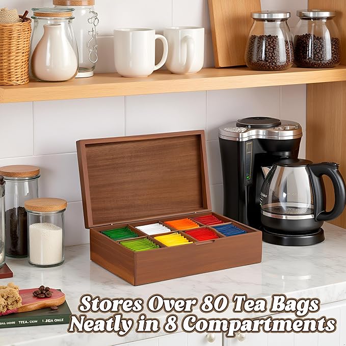 Acacia Wood Tea Bag Organizer Box – 8-Compartment Tea Storage Container Tea Caddy Holder with Removable Dividers – Rustic Tea Chest for Kitchen Counter, Coffee & Tea Station, Gifts