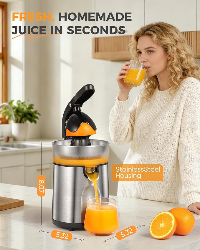 Electric Orange Juicer, Citrus Juicer Squeezer with 2 Interchangeable Cones, 160W Electric Juicer Machine with Stainless Steel Body & Transparent Juice Collector for Lime Grapefruit Lemon