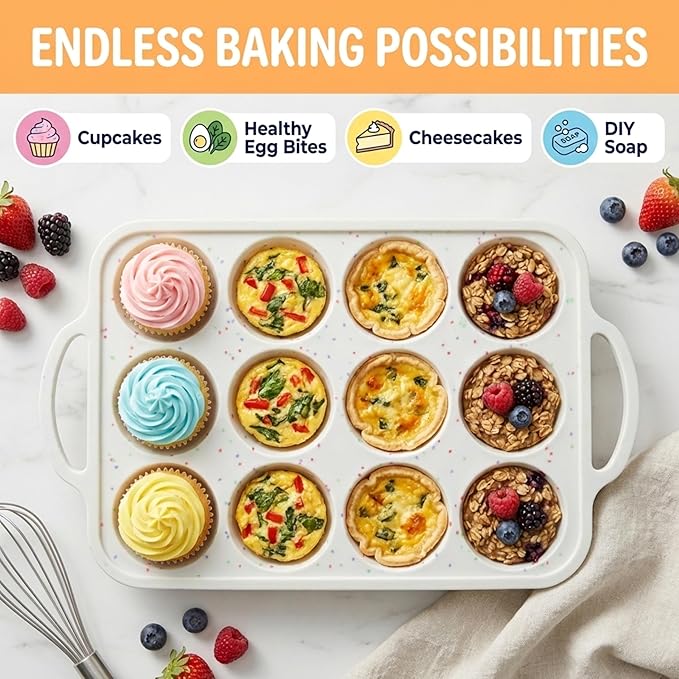 BAKE BOSS 2-Pack Silicone Muffin Pan for Baking with Metal Reinforced Frame -12 Cup Regular Size Cupcake Pan, BPA Free Silicone Muffin Tray - Cupcake Baking Pan Molds for Oven & Dishwasher Safe