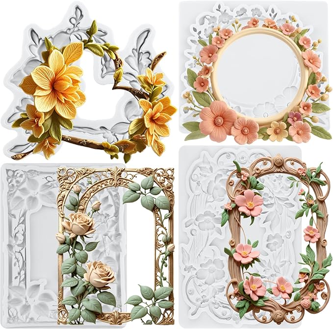 Flower Photo Frame Silicone Mold Wreath Fondant Molds Picture Frame Molds For Cake Decoration Cupcake Topper Polymer Clay Chocolate Candy Gum Paste Set of 4