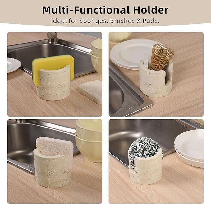 Marble Travertine Sponge Holder for Kitchen Counter,Beige Natural Stone Dish Drying Rack for Countertop,Marble Kitchen Accessories