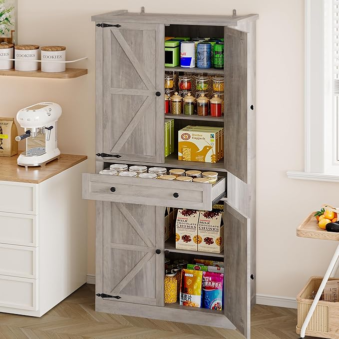 Pantry Organizers and Storage Cabinet, 70” Barn Door White Kitchen Cabinet with Drawers and Adjustable Shelf, Tall Pantry for Kitchen, Dining Room, Living Room Bedroom