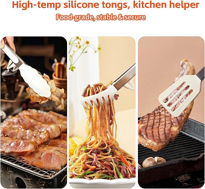 Kitchen Tongs,Set Of 3 Tongs with Silicone Tip for Cooking 9/12 Inch Stainless Steel Kitchen Tong for Meat,Food Grill,Salad,BBQ,Frying,Serving,Dishwasher (White, 9 Inch)