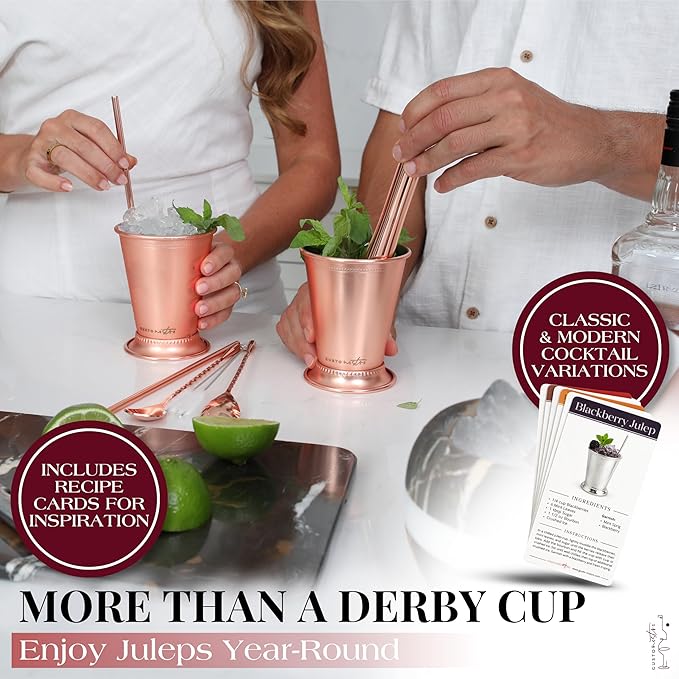 Gusto Nostro Mint Julep Cups Set of 2 - Stainless Steel Julep Cup Kit with Straws, Muddler, Spoon, Recipes, Vases - Southern-Style Cocktail Glasses for Home Bar - Stainless Steel Cocktail Cups (Rose)