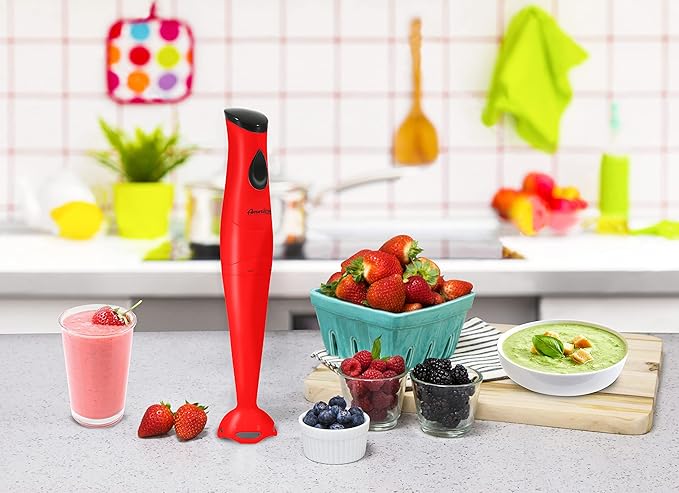 Elite Gourmet Electric Immersion Hand Blender, Mixer, Chopper, 1-Touch Control Multi Purpose Hand Blender Stick, Mixer, Chopper, 150 Watts One-Touch Control For Soups, Sauces, Baby Food, Red