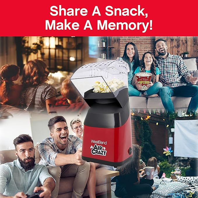 West Bend Air Crazy Hot Air Popcorn Popper Machine for Healthy Snacking with No Oil, Includes Dual-Purpose Measuring Cup & Butter Melter, 4-Quart, Red