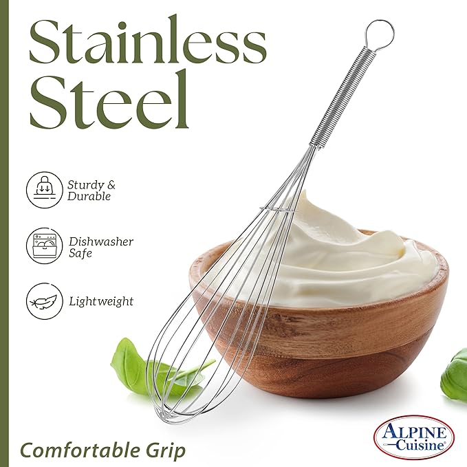 Alpine Cuisine Stainless Steel Wire Whisk 3pc set with Ergonomic Handle | Egg Whisk, Sauce Whisk & Flat Whisk Combined | Space Saving Whisks for Cooking, Baking & Deglazing, Dishwasher Safe