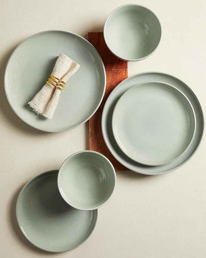 18 Piece Dinnerware Set for 6, Reactive Glaze Terracotta Plates and Bowls Set, Large Family-Sized Stoneware Dish Set for Gatherings, Chip and Scratch Resistant, Slate Green